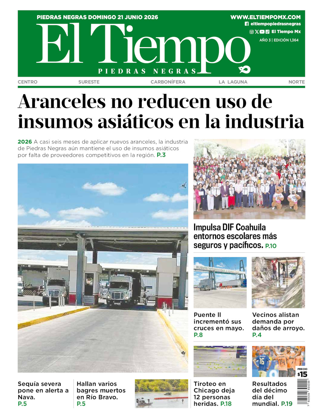 Edición impresa: Portada del domingo 21 de junio de 2026, El Tiempo de <strong>Piedras Negras</strong>