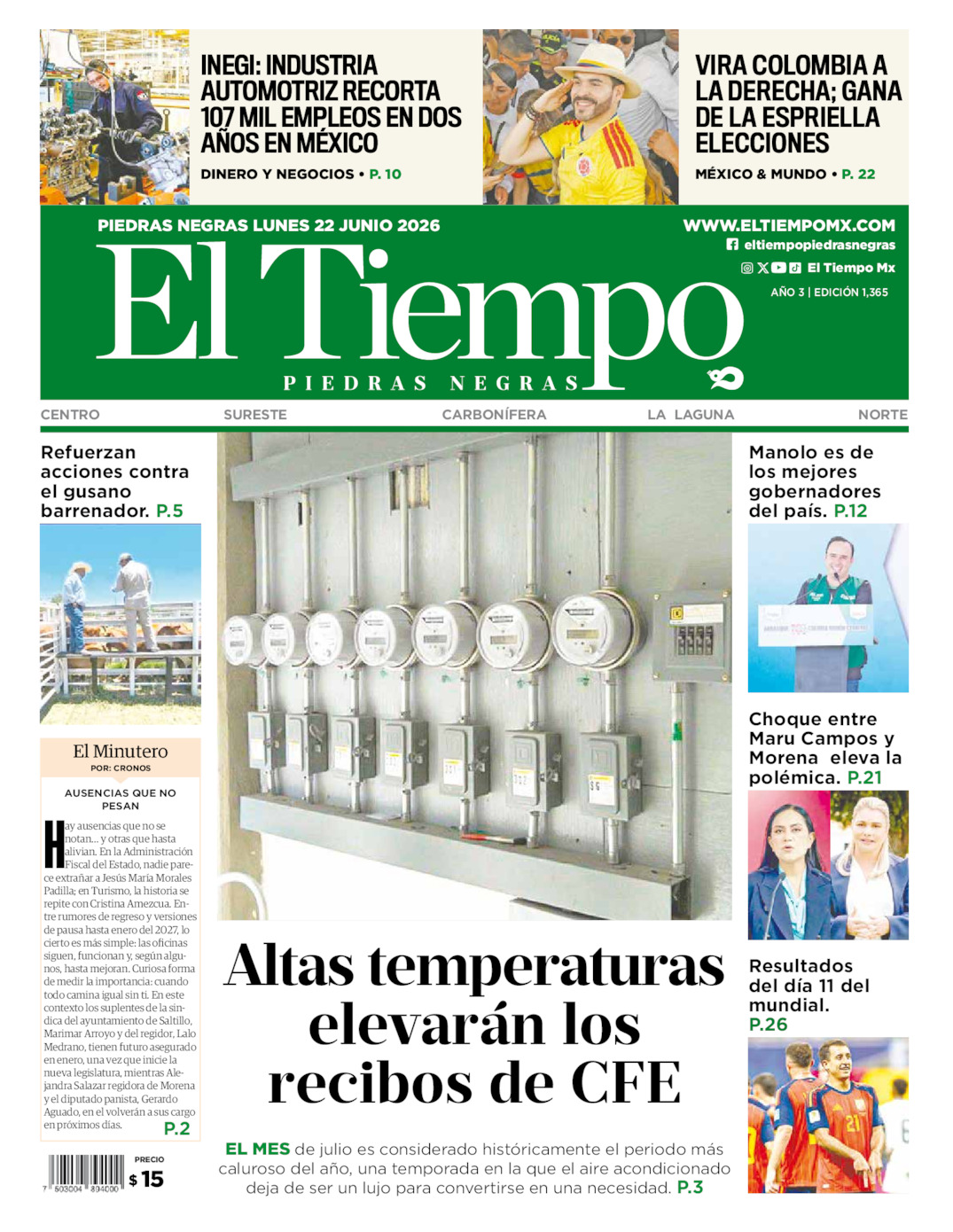 Edición impresa: Portada del lunes 22 de junio de 2026, El Tiempo de <strong>Piedras Negras</strong>