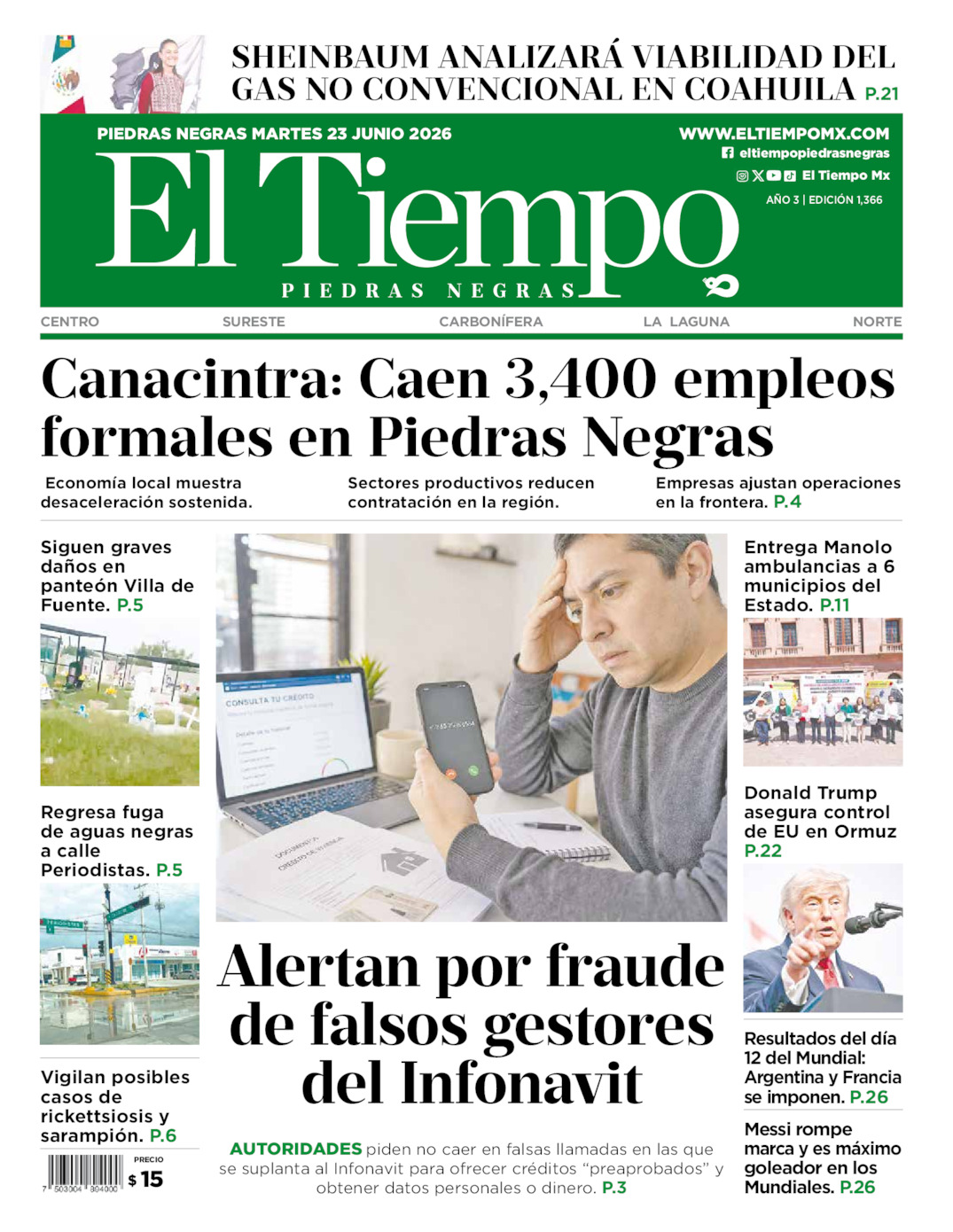 Edición impresa: Portada del martes 23 de junio de 2026, El Tiempo de <strong>Piedras Negras</strong>