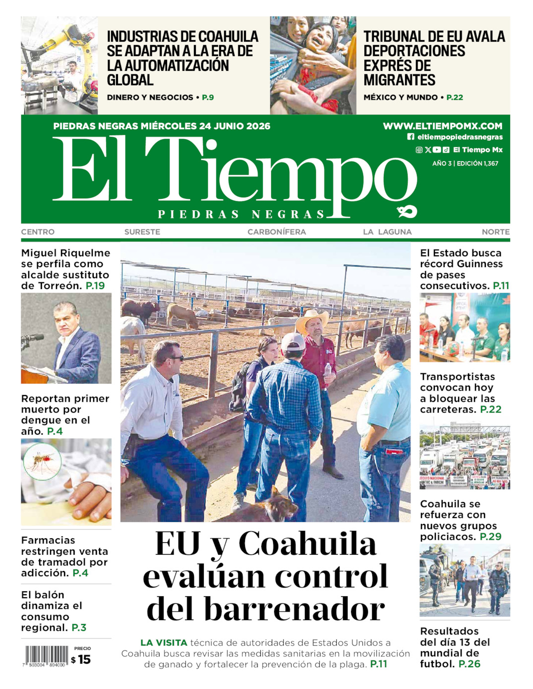 Edición impresa: Portada del miércoles 24 de junio de 2026, El Tiempo de <strong>Piedras Negras</strong>