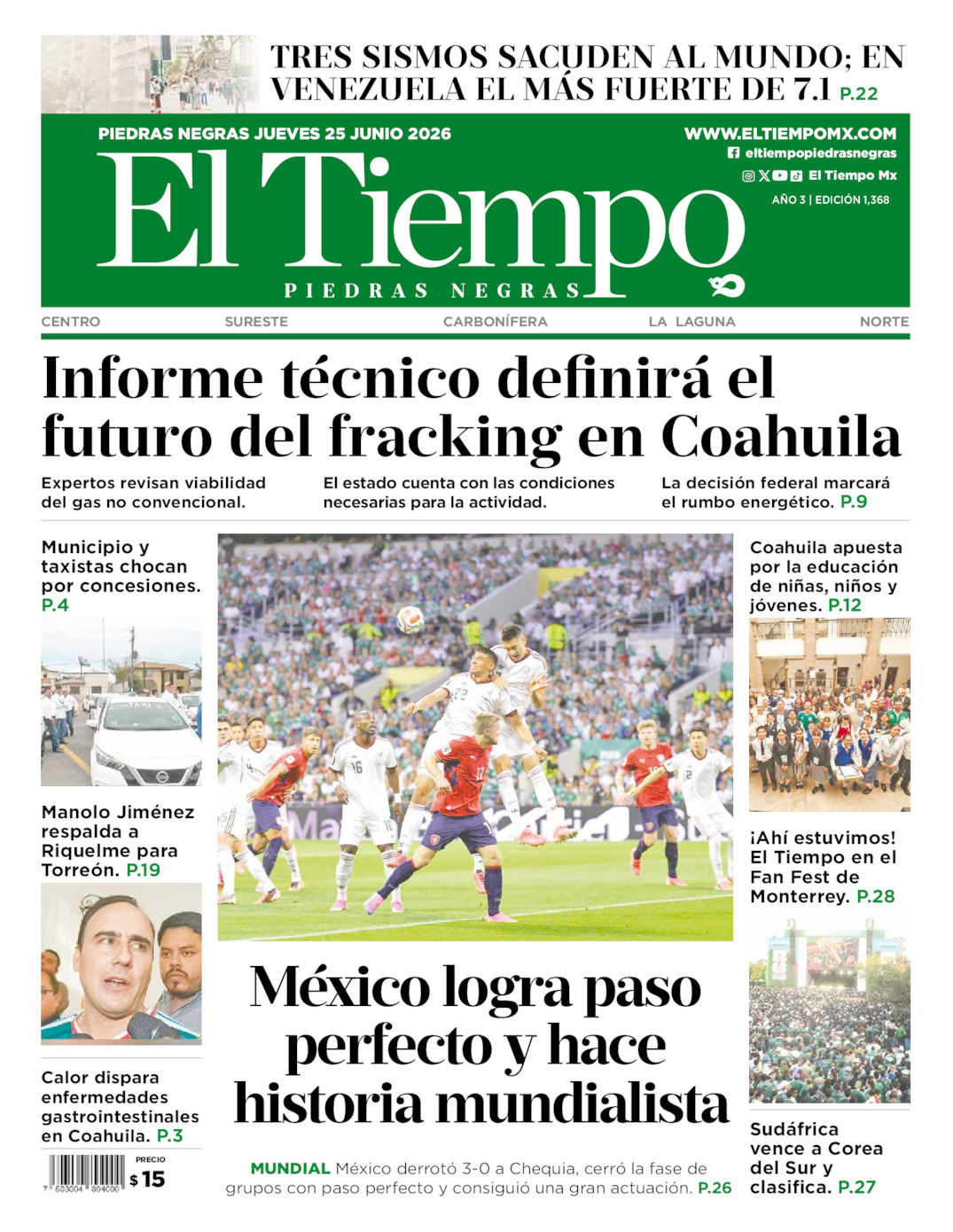 Edición impresa: Portada del jueves 25 de junio de 2026, El Tiempo de <strong>Piedras Negras</strong>