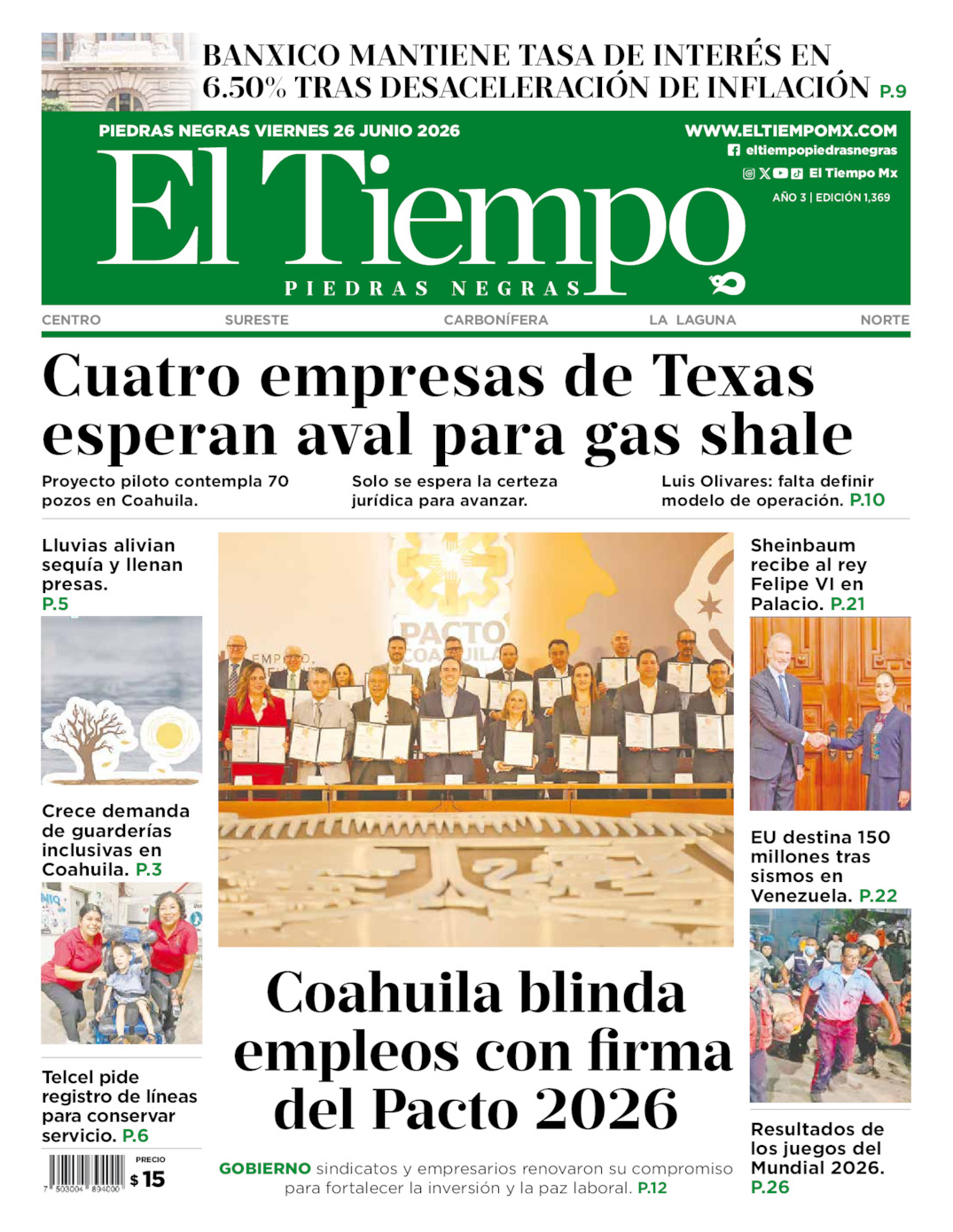 Edición impresa: Portada del viernes 26 de junio de 2026, El Tiempo de <strong>Piedras Negras</strong>