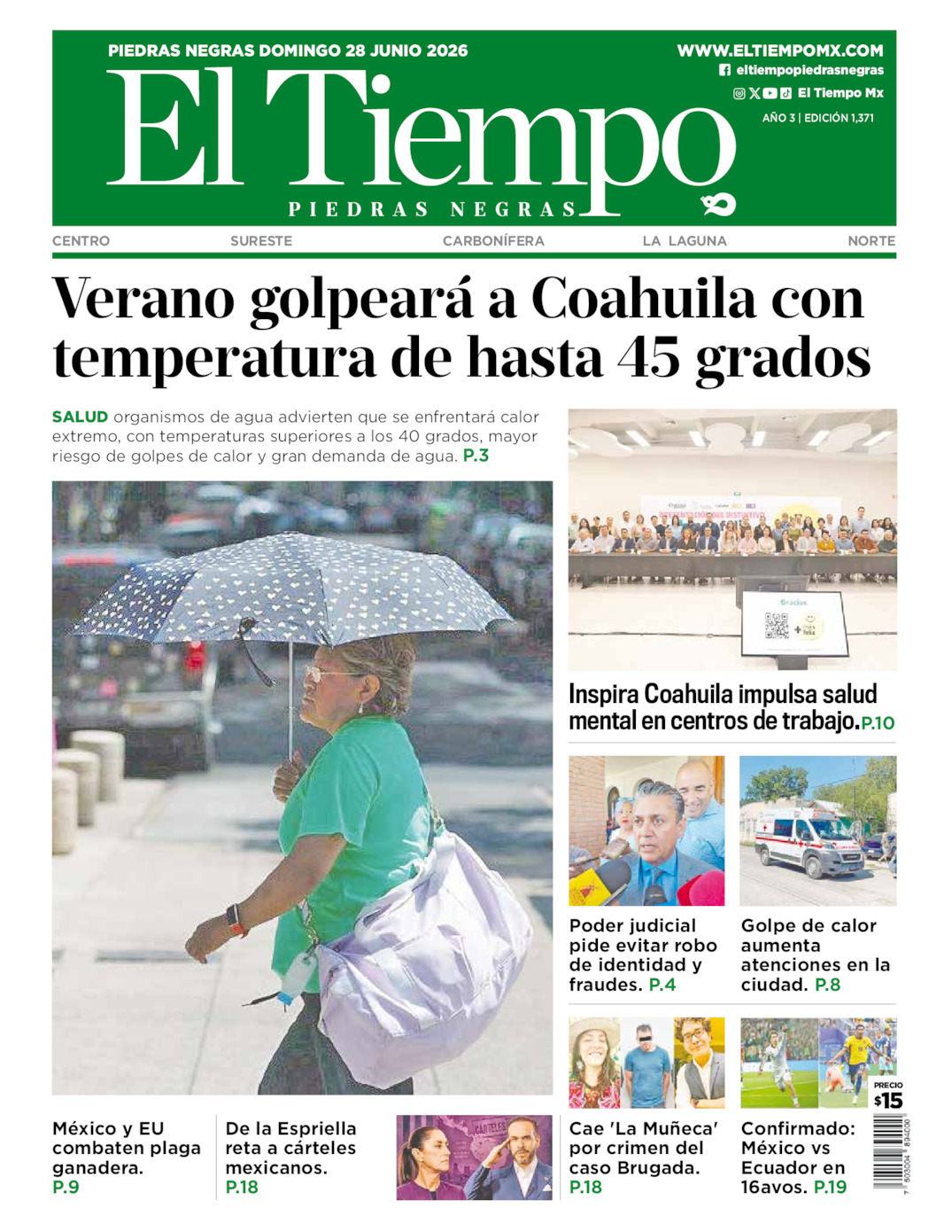 Edición impresa: Portada del domingo 28 de junio de 2026, El Tiempo de <strong>Piedras Negras</strong>