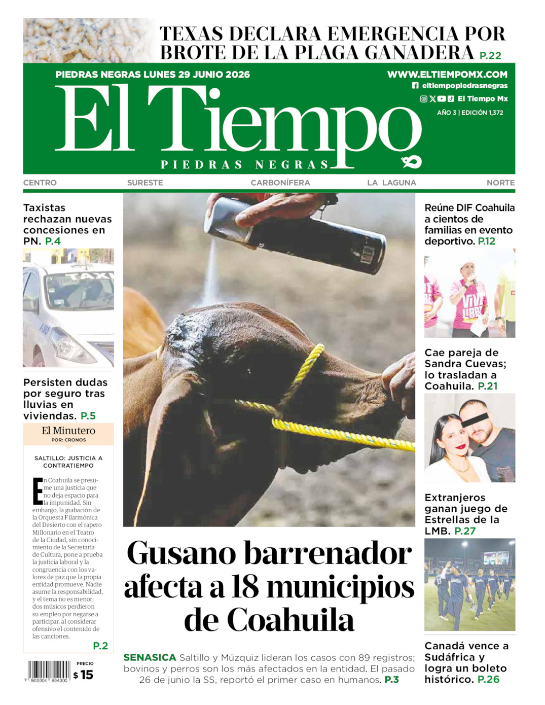 Edición impresa: Portada del lunes 29 de junio de 2026, El Tiempo de <strong>Piedras Negras</strong>