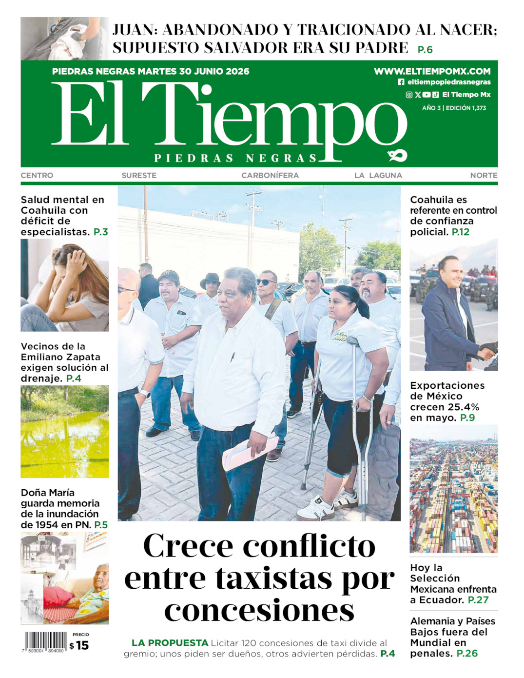 Edición impresa: Portada del martes 30 de junio de 2026, El Tiempo de <strong>Piedras Negras</strong>