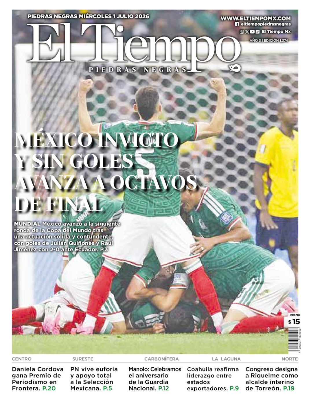 Edición impresa: Portada del miércoles 01 de julio de 2026, El Tiempo de <strong>Piedras Negras</strong>