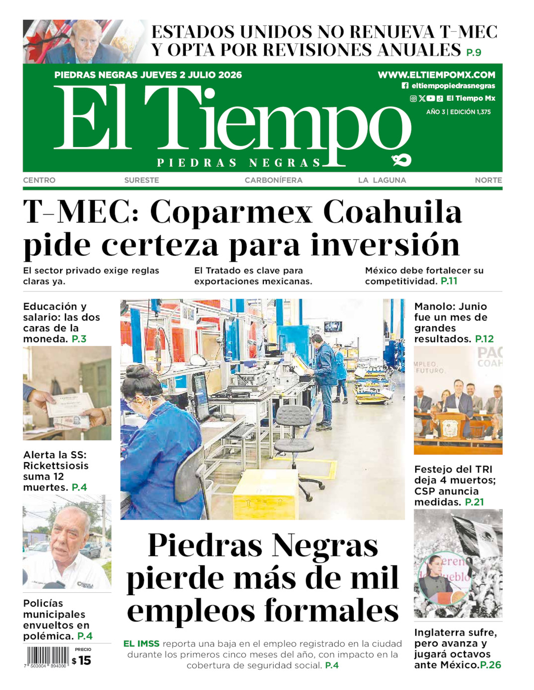 Edición impresa: Portada del jueves 02 de julio de 2026, El Tiempo de <strong>Piedras Negras</strong>
