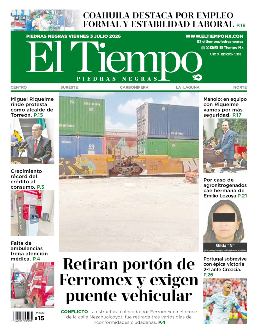 Edición impresa: Portada del viernes 03 de julio de 2026, El Tiempo de <strong>Piedras Negras</strong>