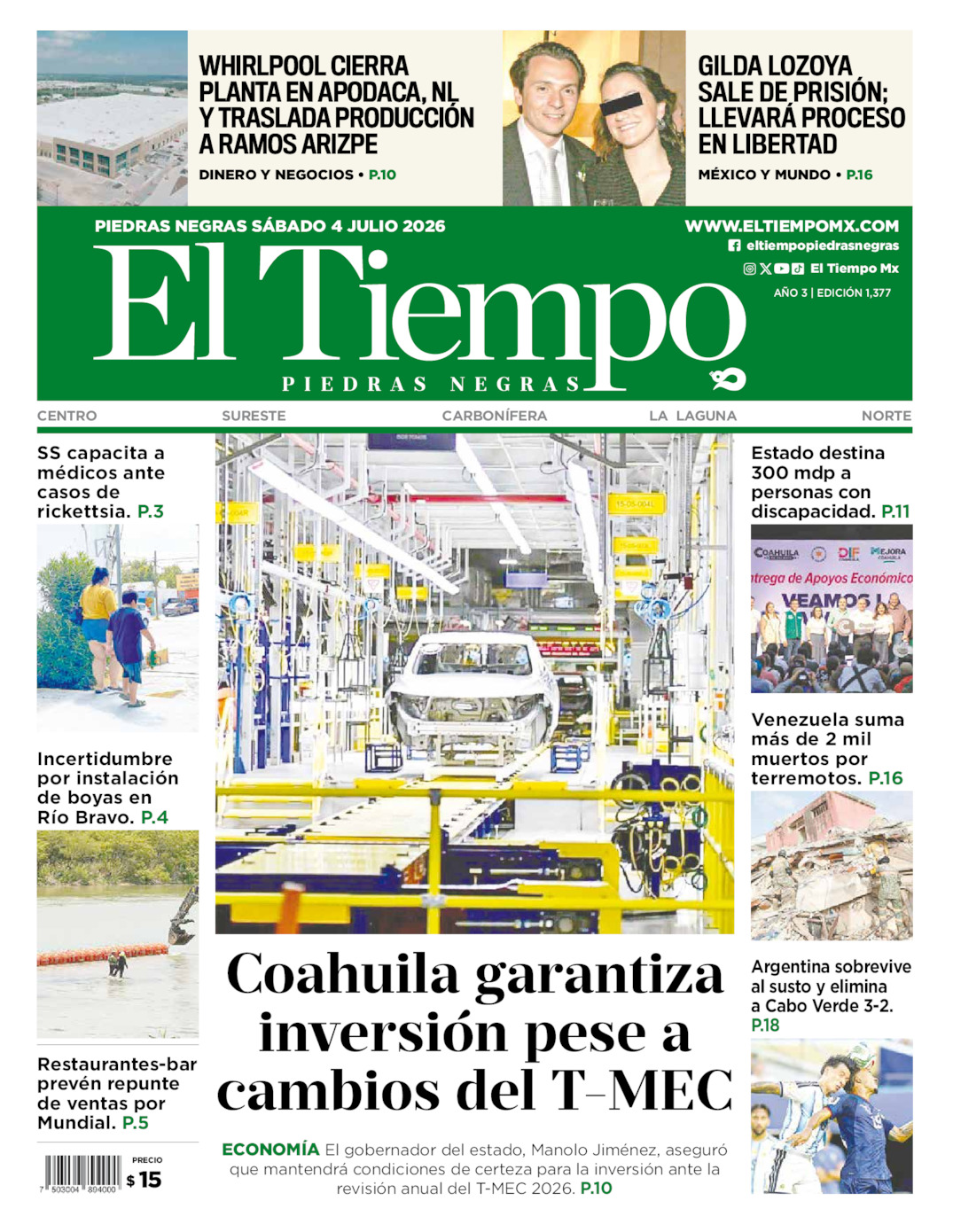Edición impresa: Portada del sábado 04 de julio de 2026, El Tiempo de <strong>Piedras Negras</strong>