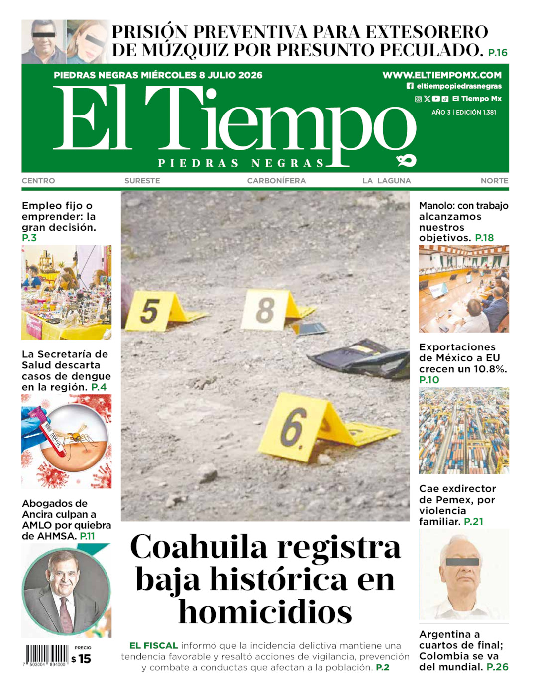 Edición impresa: Portada del miércoles 08 de julio de 2026, El Tiempo de <strong>Piedras Negras</strong>