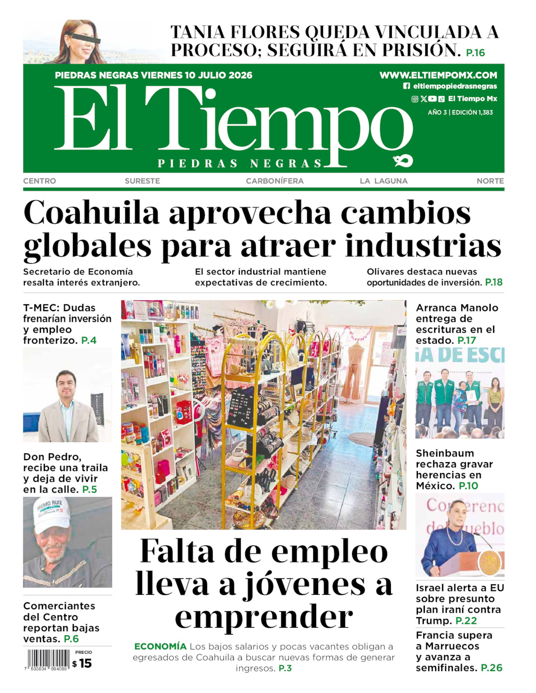 Edición impresa: Portada del viernes 10 de julio de 2026, El Tiempo de <strong>Piedras Negras</strong>