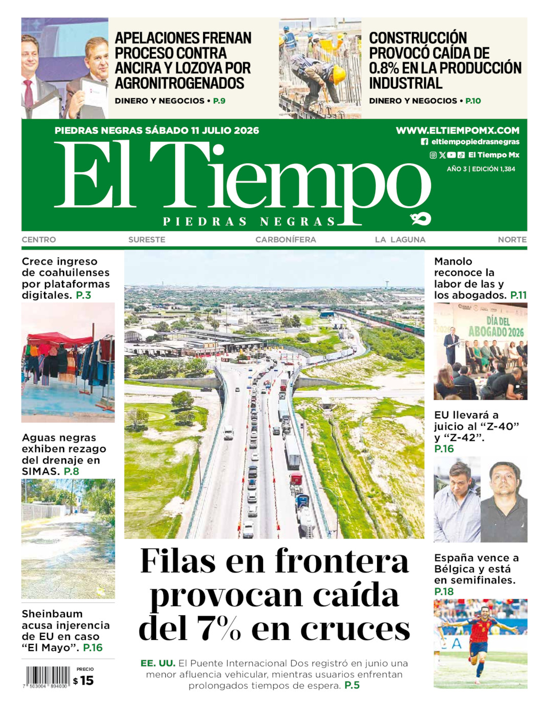 Edición impresa: Portada del sábado 11 de julio de 2026, El Tiempo de <strong>Piedras Negras</strong>
