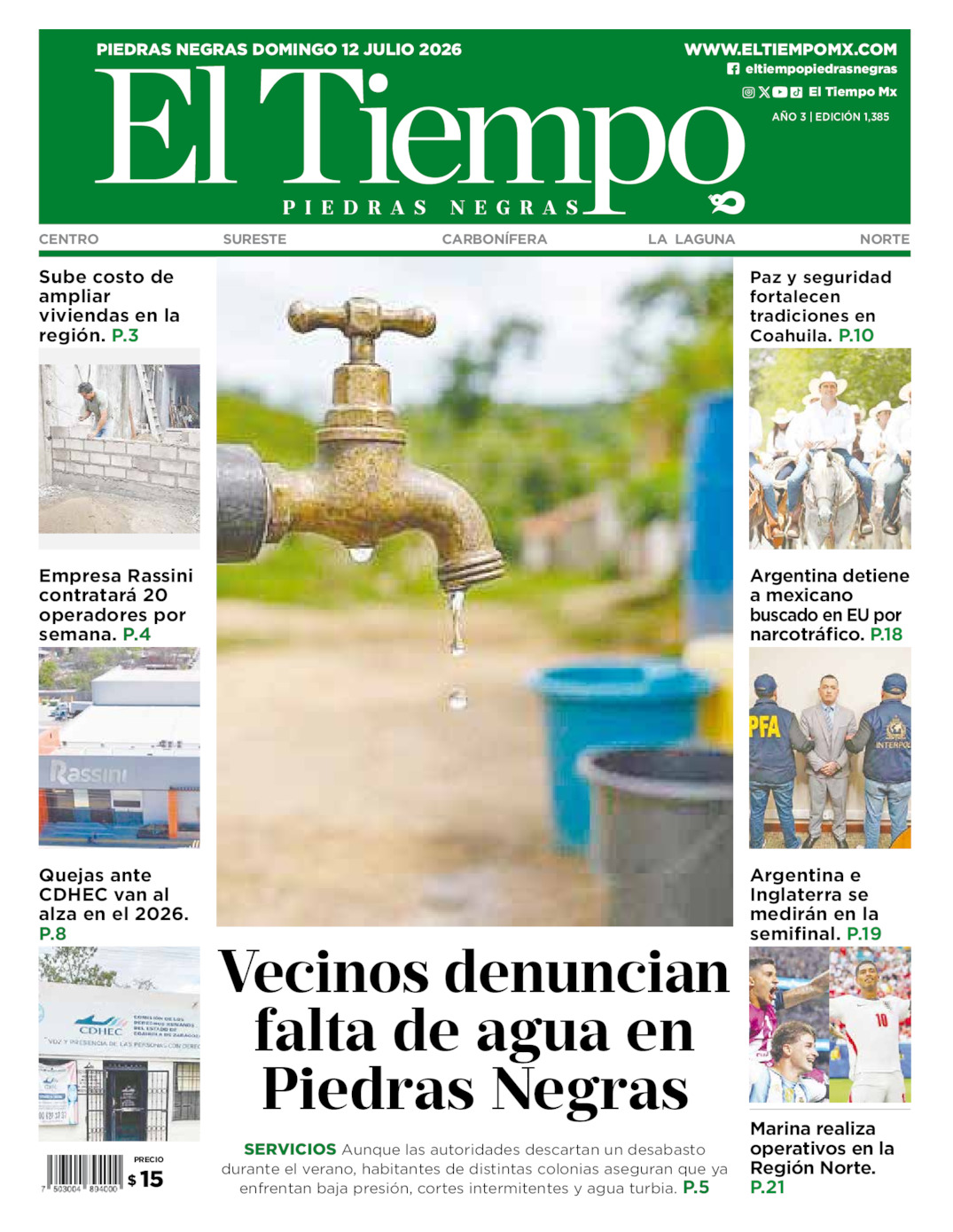 Edición impresa: Portada del domingo 12 de julio de 2026, El Tiempo de <strong>Piedras Negras</strong>