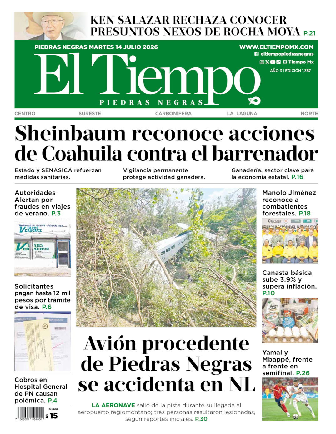 Edición impresa: Portada del martes 14 de julio de 2026, El Tiempo de <strong>Piedras Negras</strong>