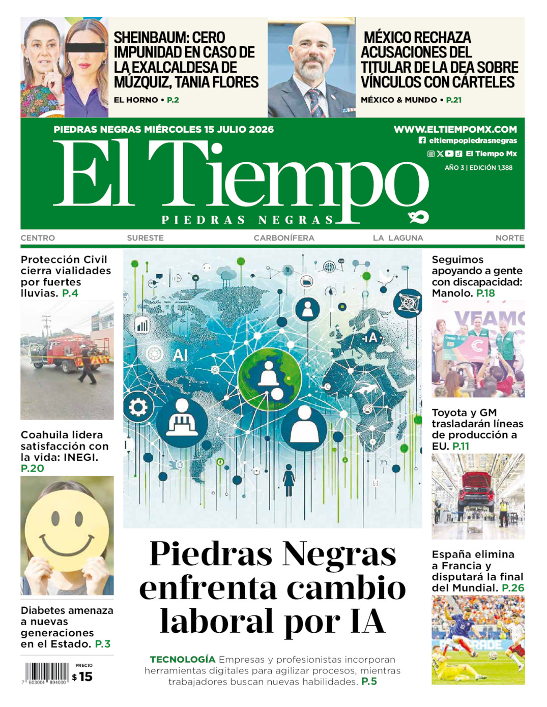 Edición impresa: Portada del miércoles 15 de julio de 2026, El Tiempo de <strong>Piedras Negras</strong>