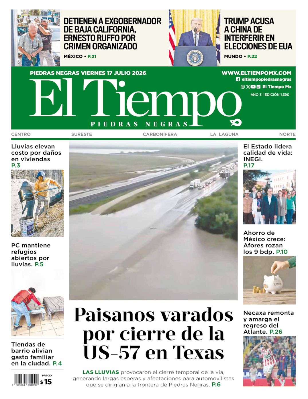 Edición impresa: Portada del viernes 17 de julio de 2026, El Tiempo de <strong>Piedras Negras</strong>