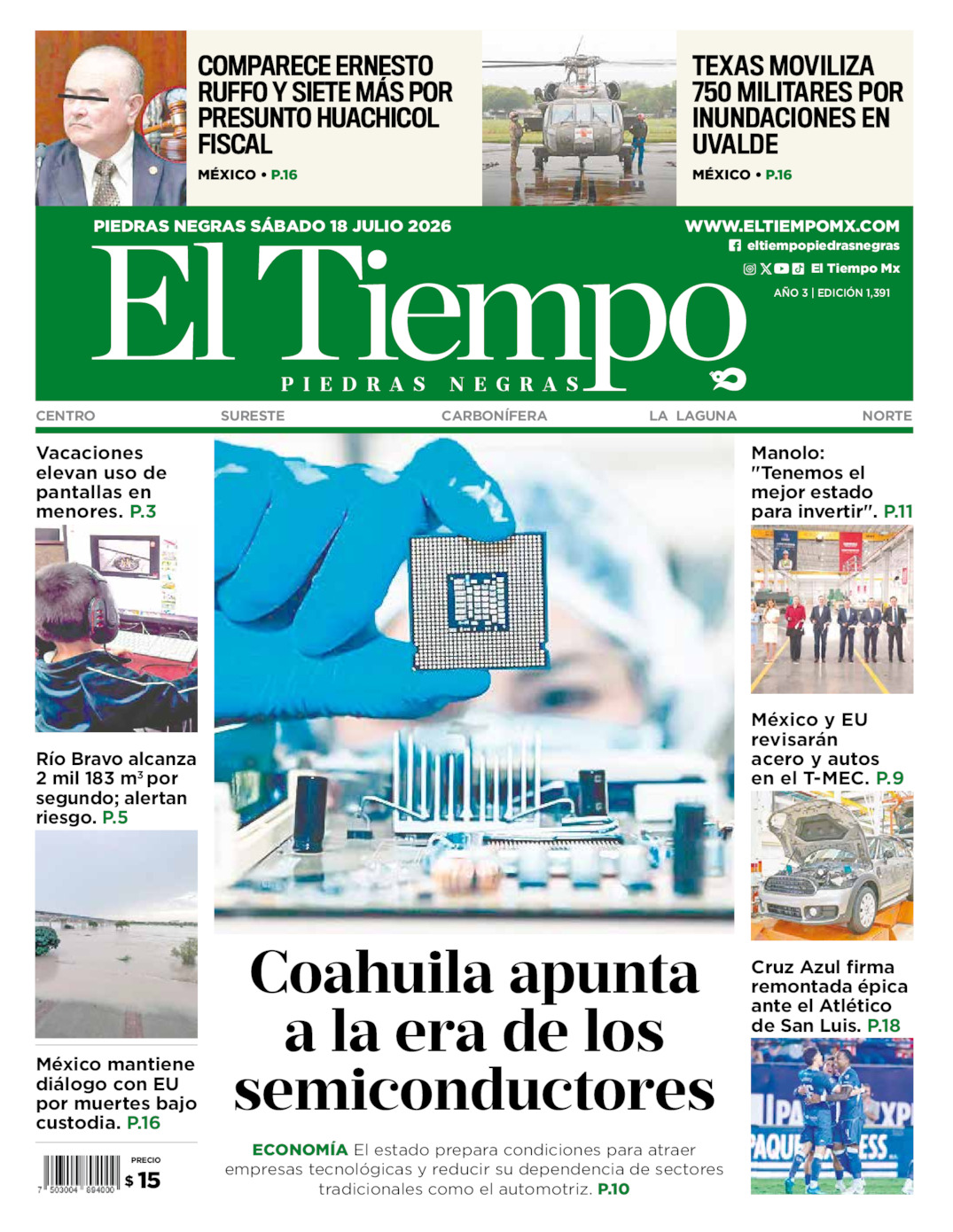 Edición impresa: Portada del sábado 18 de julio de 2026, El Tiempo de <strong>Piedras Negras</strong>