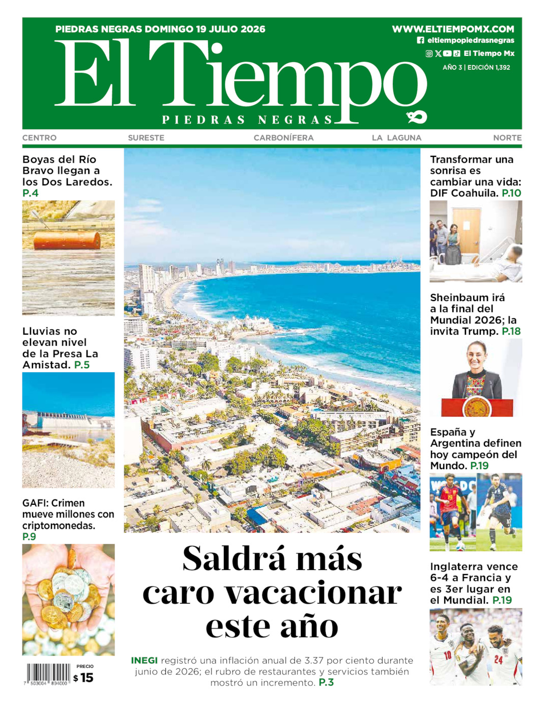 Edición impresa: Portada del domingo 19 de julio de 2026, El Tiempo de <strong>Piedras Negras</strong>