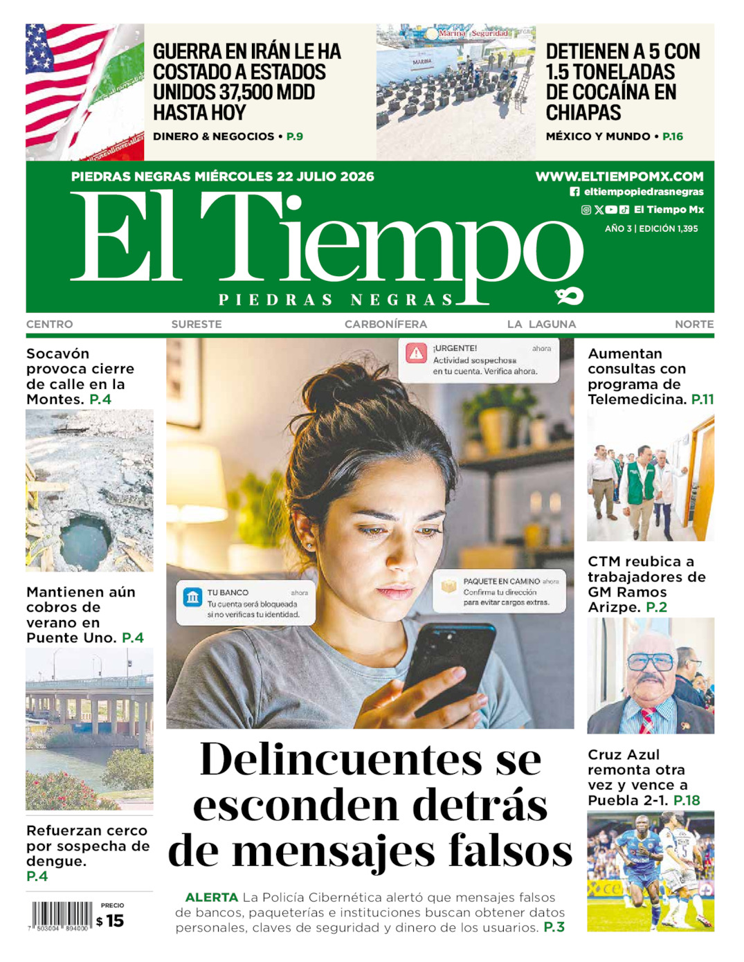 Edición impresa: Portada del miércoles 22 de julio de 2026, El Tiempo de <strong>Piedras Negras</strong>