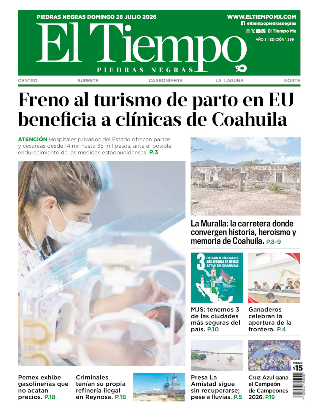 Edición impresa: Portada del domingo 26 de julio de 2026, El Tiempo de <strong>Piedras Negras</strong>