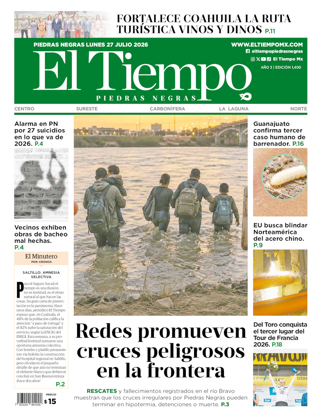 Edición impresa: Portada del lunes 27 de julio de 2026, El Tiempo de <strong>Piedras Negras</strong>