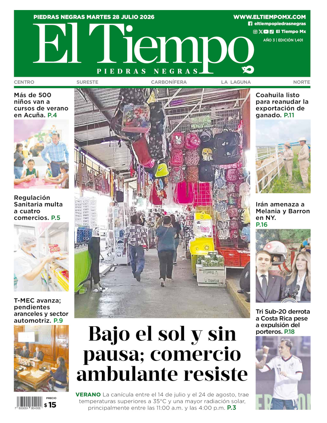 Edición impresa: Portada del martes 28 de julio de 2026, El Tiempo de <strong>Piedras Negras</strong>