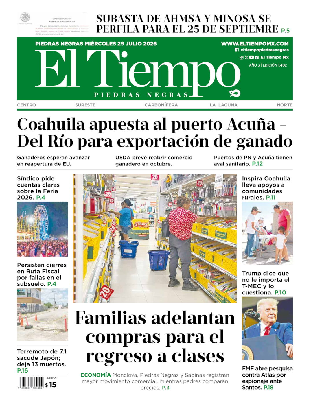 Edición impresa: Portada del miércoles 29 de julio de 2026, El Tiempo de <strong>Piedras Negras</strong>