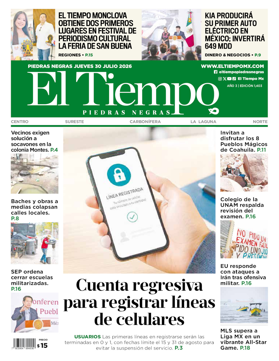 Edición impresa: Portada del jueves 30 de julio de 2026, El Tiempo de <strong>Piedras Negras</strong>