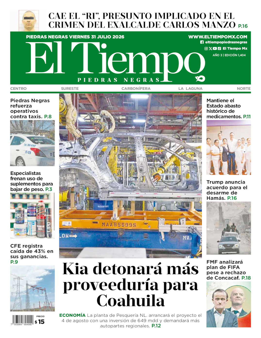 Edición impresa: Portada del viernes 31 de julio de 2026, El Tiempo de <strong>Piedras Negras</strong>