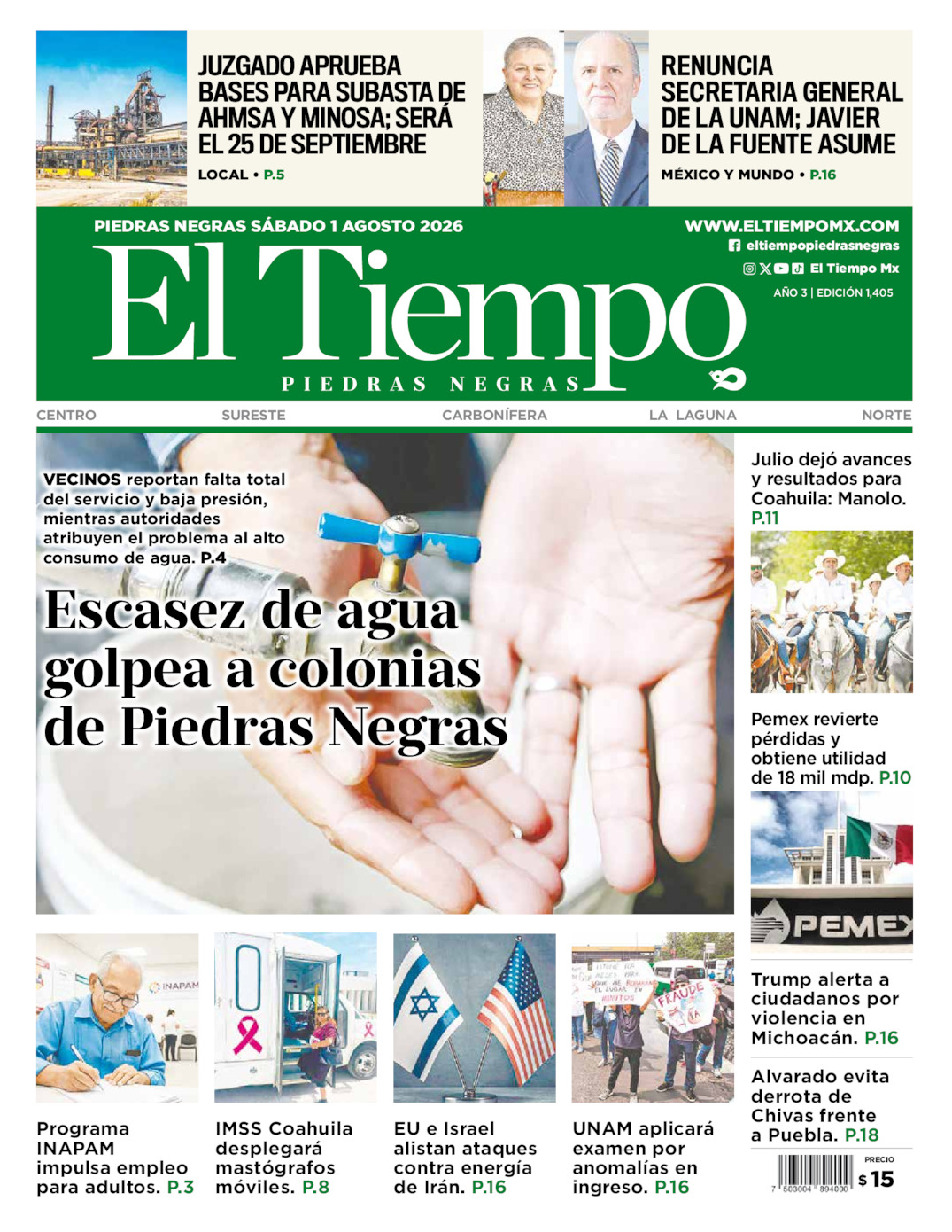 Edición impresa: Portada del sábado 01 de agosto de 2026, El Tiempo de <strong>Piedras Negras</strong>
