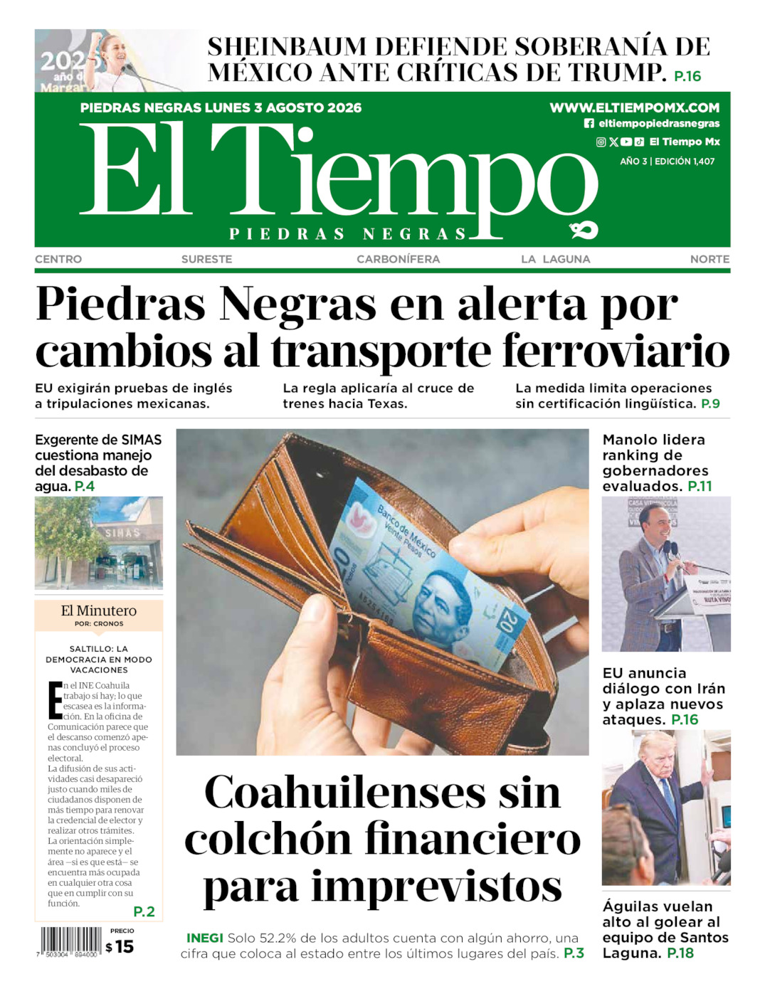 Edición impresa: Portada del lunes 03 de agosto de 2026, El Tiempo de <strong>Piedras Negras</strong>