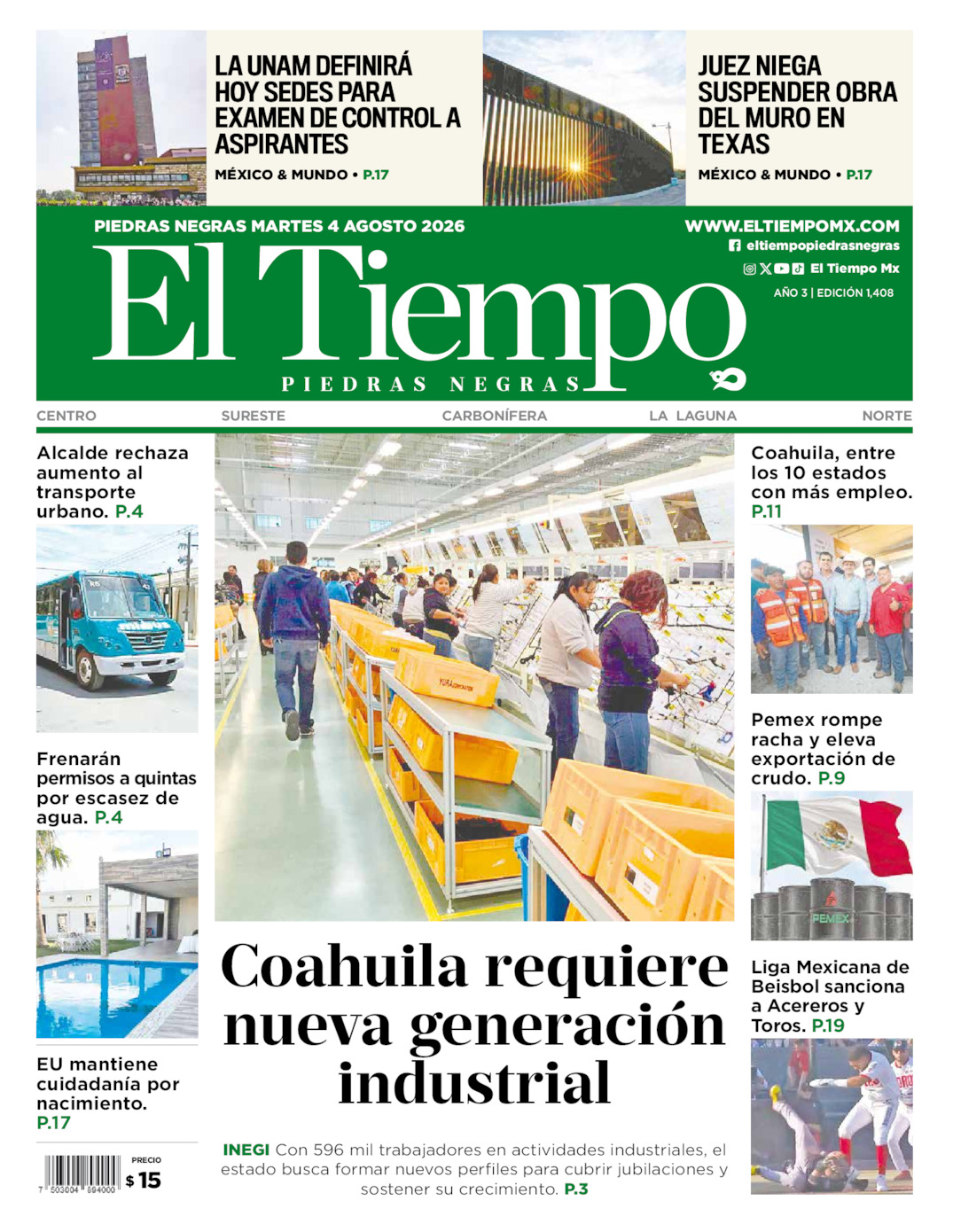 Edición impresa: Portada del martes 04 de agosto de 2026, El Tiempo de <strong>Piedras Negras</strong>