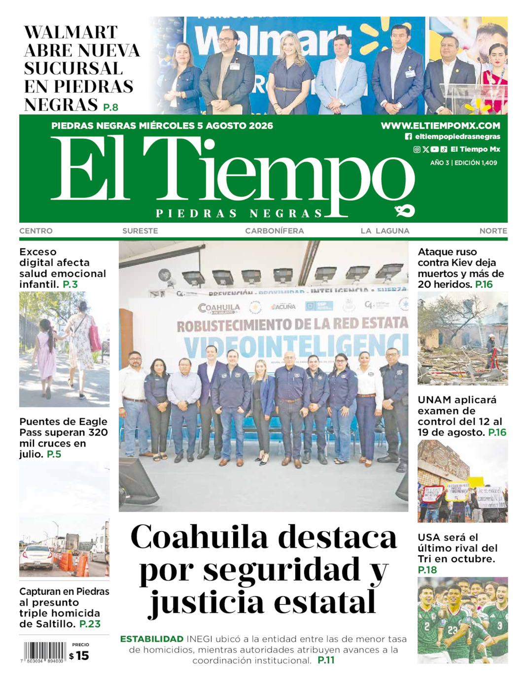 Edición impresa: Portada del miércoles 05 de agosto de 2026, El Tiempo de <strong>Piedras Negras</strong>