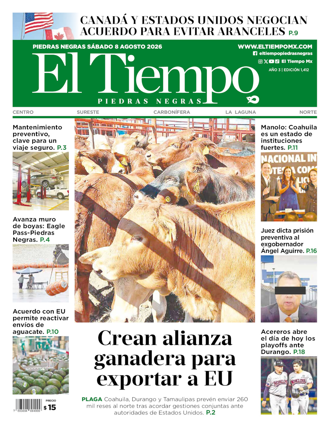 Edición impresa: Portada del sábado 08 de agosto de 2026, El Tiempo de <strong>Piedras Negras</strong>