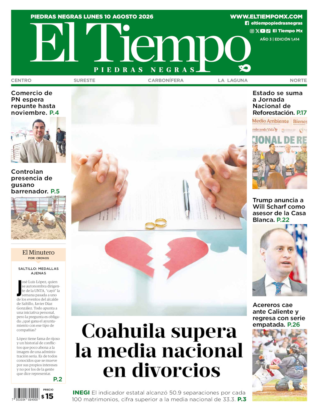 Edición impresa: Portada del lunes 10 de agosto de 2026, El Tiempo de <strong>Piedras Negras</strong>