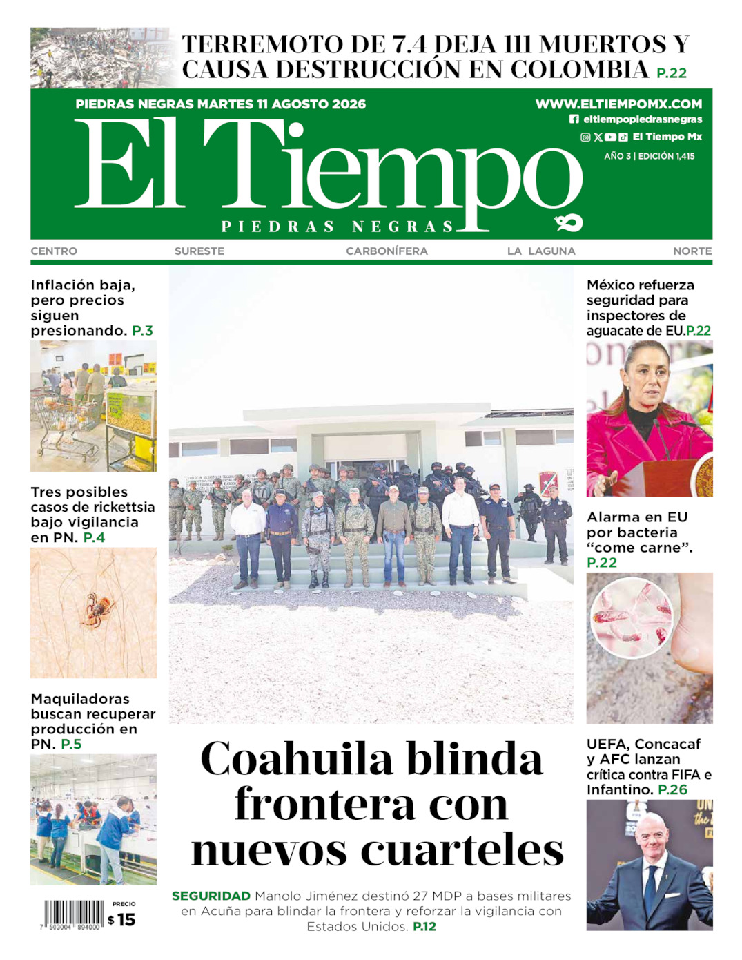 Edición impresa: Portada del martes 11 de agosto de 2026, El Tiempo de <strong>Piedras Negras</strong>