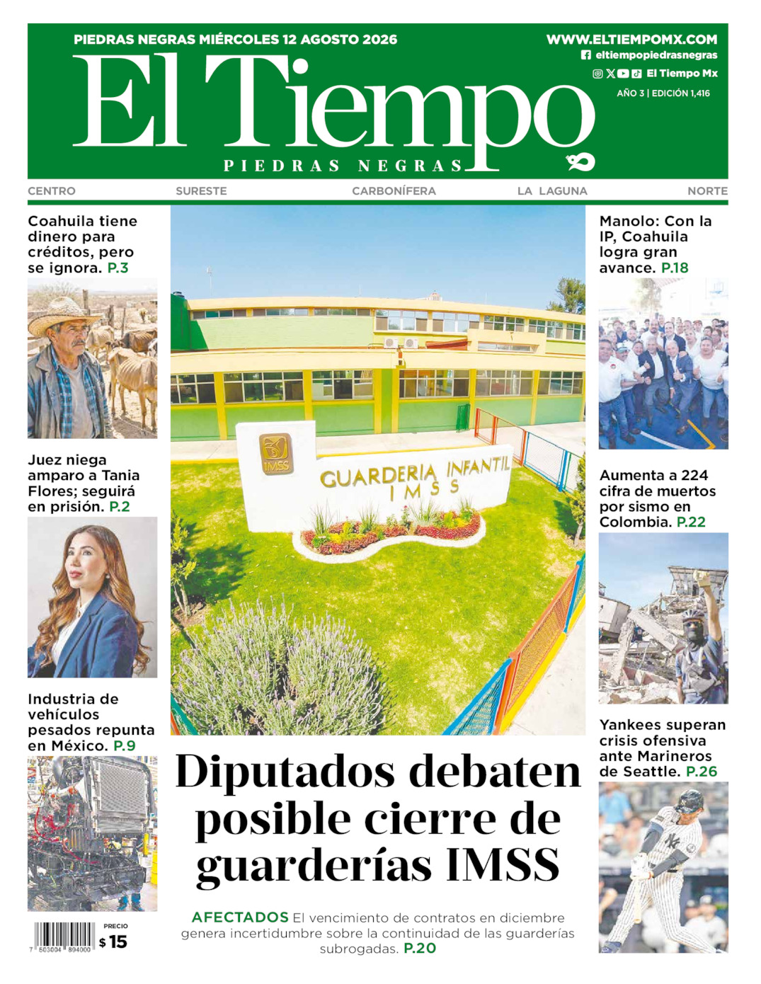 Edición impresa: Portada del miércoles 12 de agosto de 2026, El Tiempo de <strong>Piedras Negras</strong>