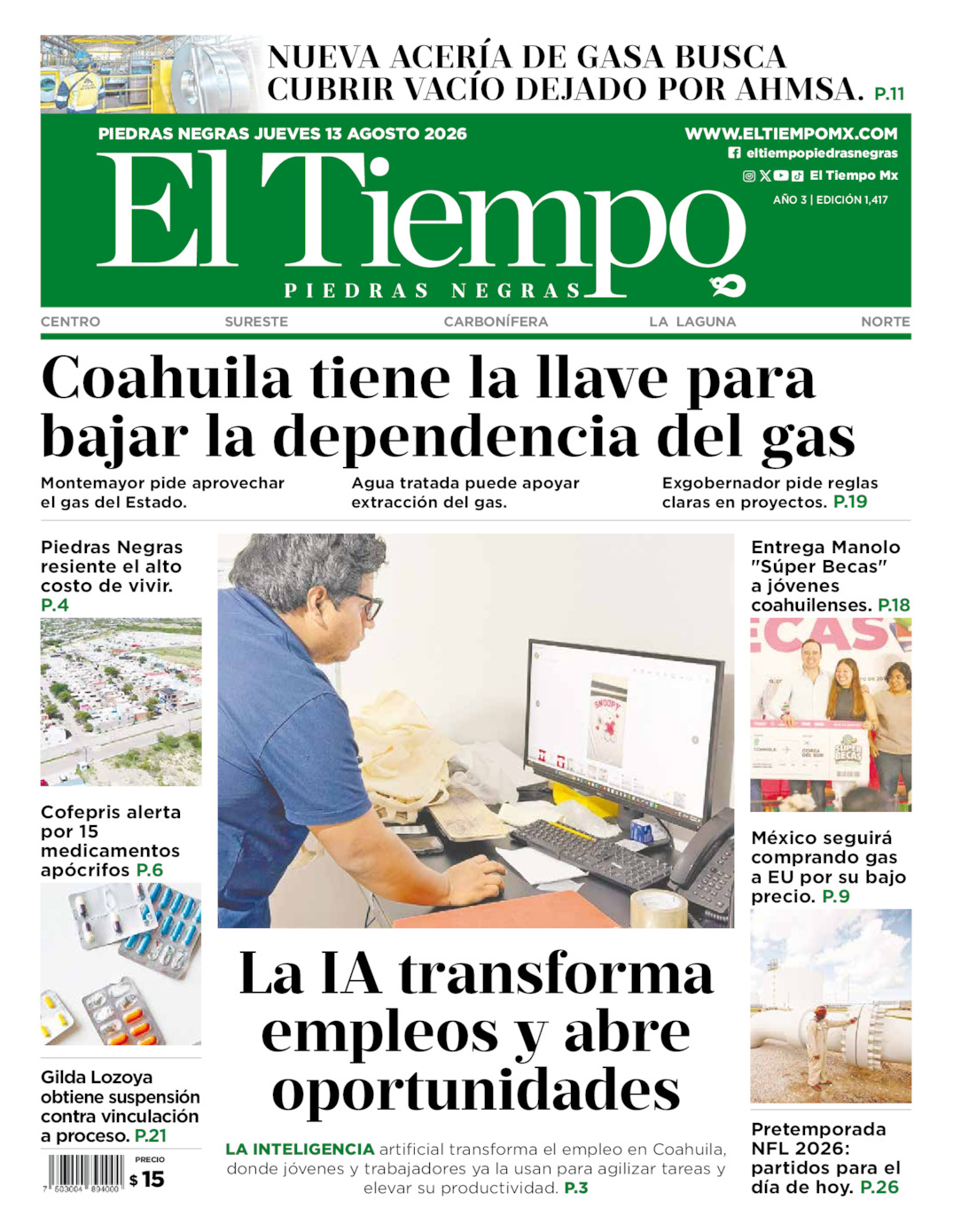 Edición impresa: Portada del jueves 13 de agosto de 2026, El Tiempo de <strong>Piedras Negras</strong>