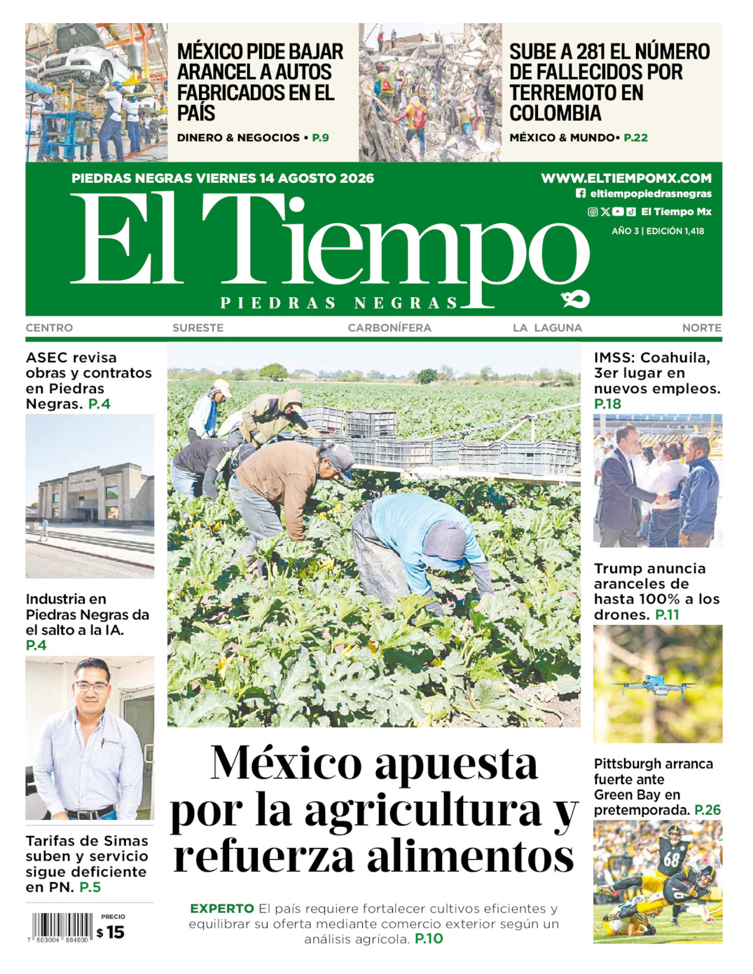 Edición impresa: Portada del viernes 14 de agosto de 2026, El Tiempo de <strong>Piedras Negras</strong>