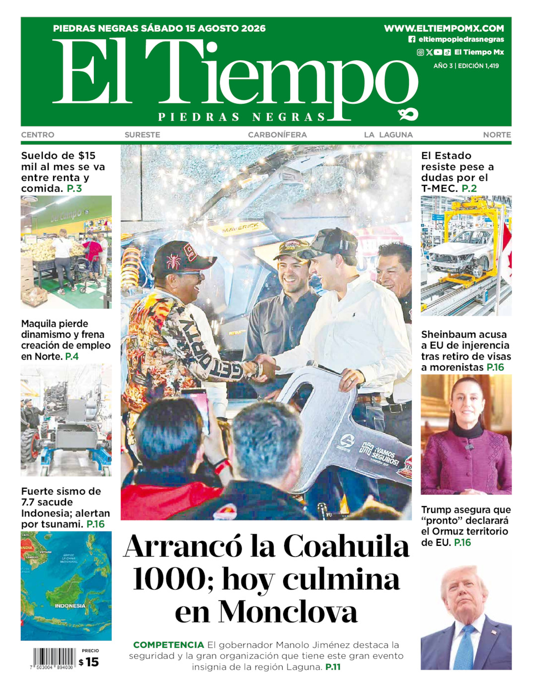 Edición impresa: Portada del sábado 15 de agosto de 2026, El Tiempo de <strong>Piedras Negras</strong>