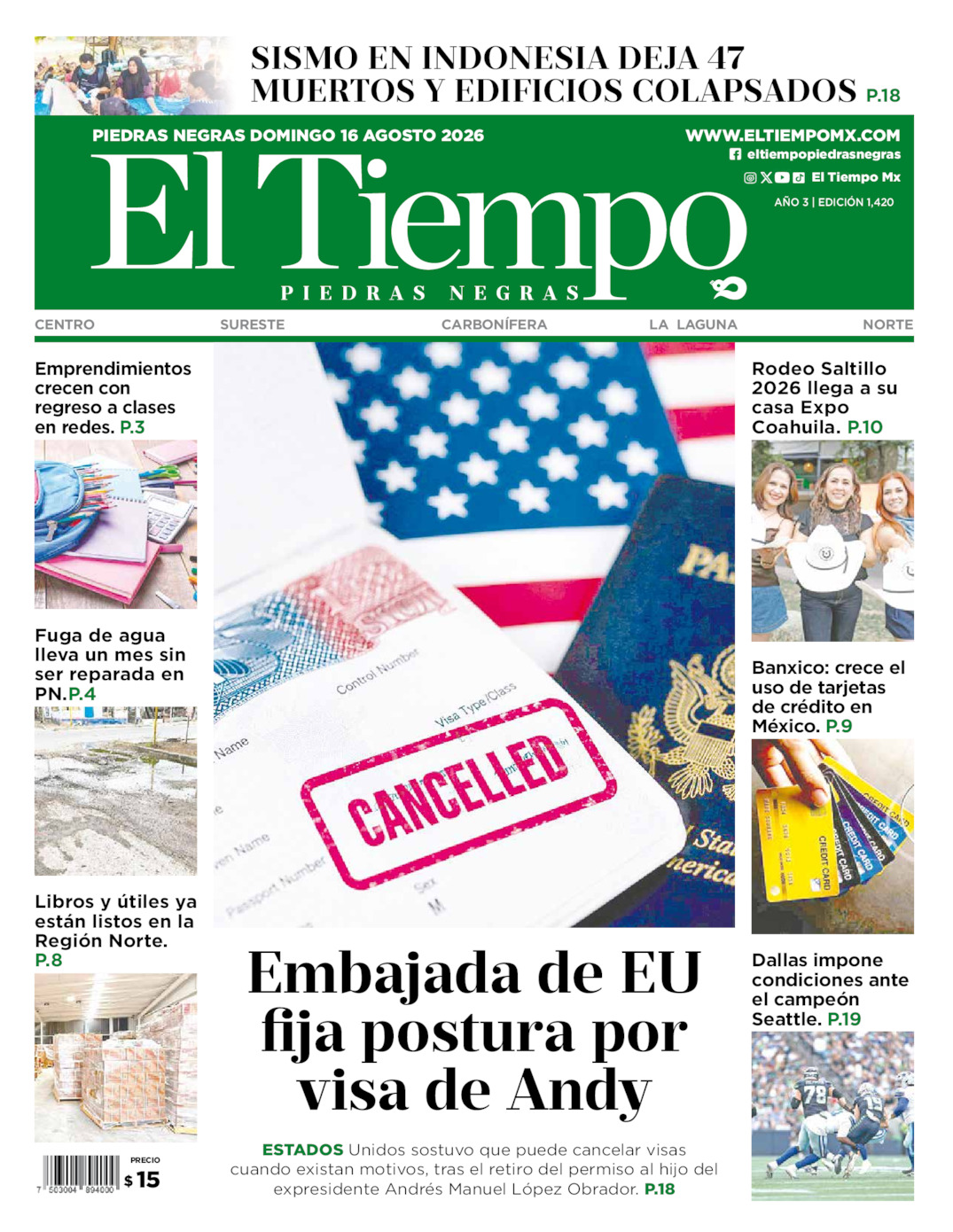 Edición impresa: Portada del domingo 16 de agosto de 2026, El Tiempo de <strong>Piedras Negras</strong>