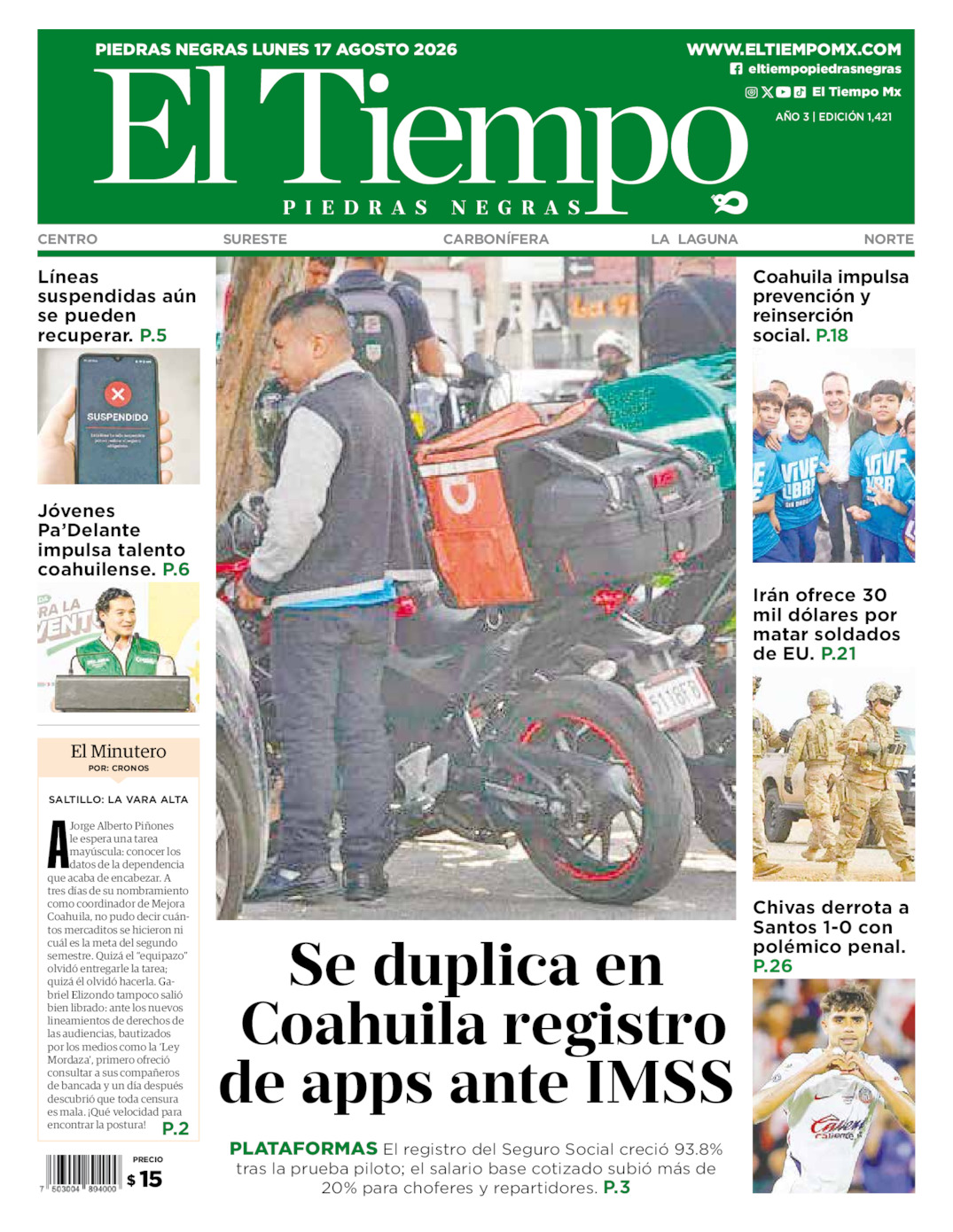 Edición impresa: Portada del lunes 17 de agosto de 2026, El Tiempo de <strong>Piedras Negras</strong>