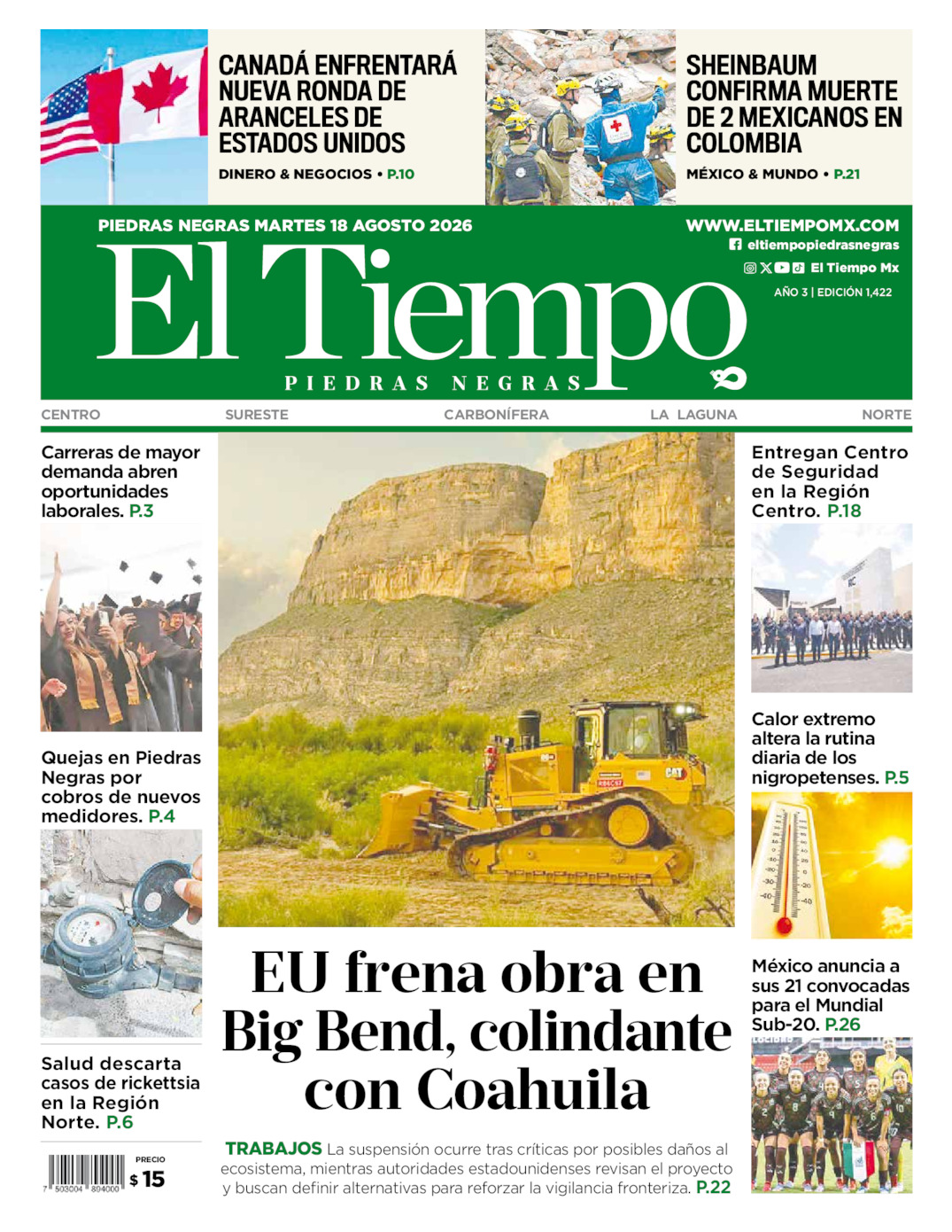 Edición impresa: Portada del martes 18 de agosto de 2026, El Tiempo de <strong>Piedras Negras</strong>
