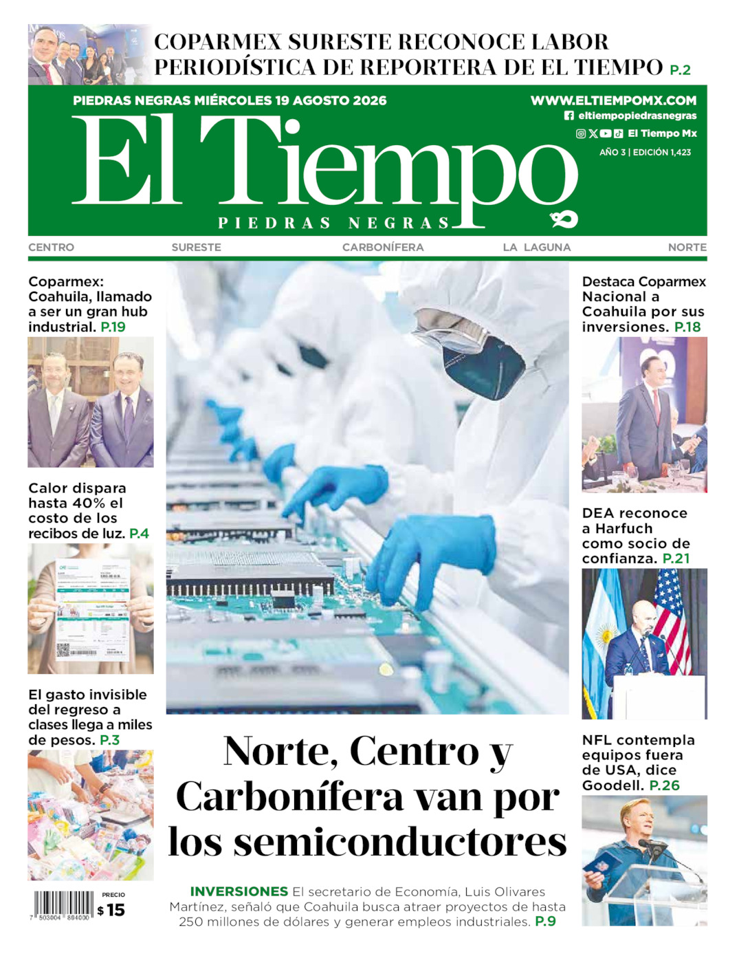Edición impresa: Portada del miércoles 19 de agosto de 2026, El Tiempo de <strong>Piedras Negras</strong>