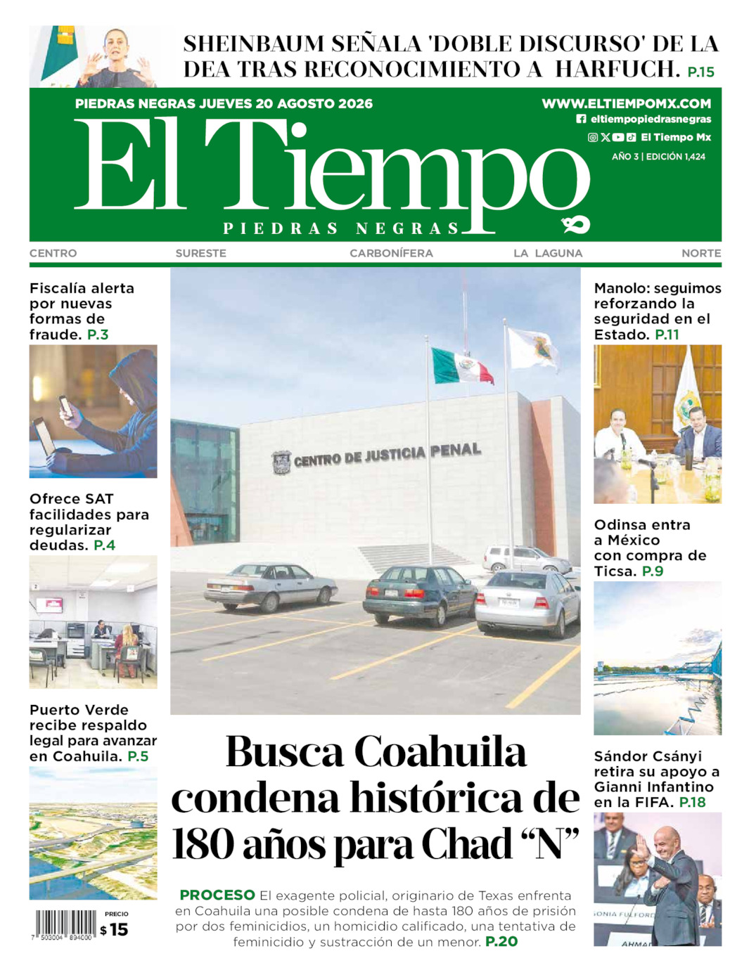 Edición impresa: Portada del jueves 20 de agosto de 2026, El Tiempo de <strong>Piedras Negras</strong>