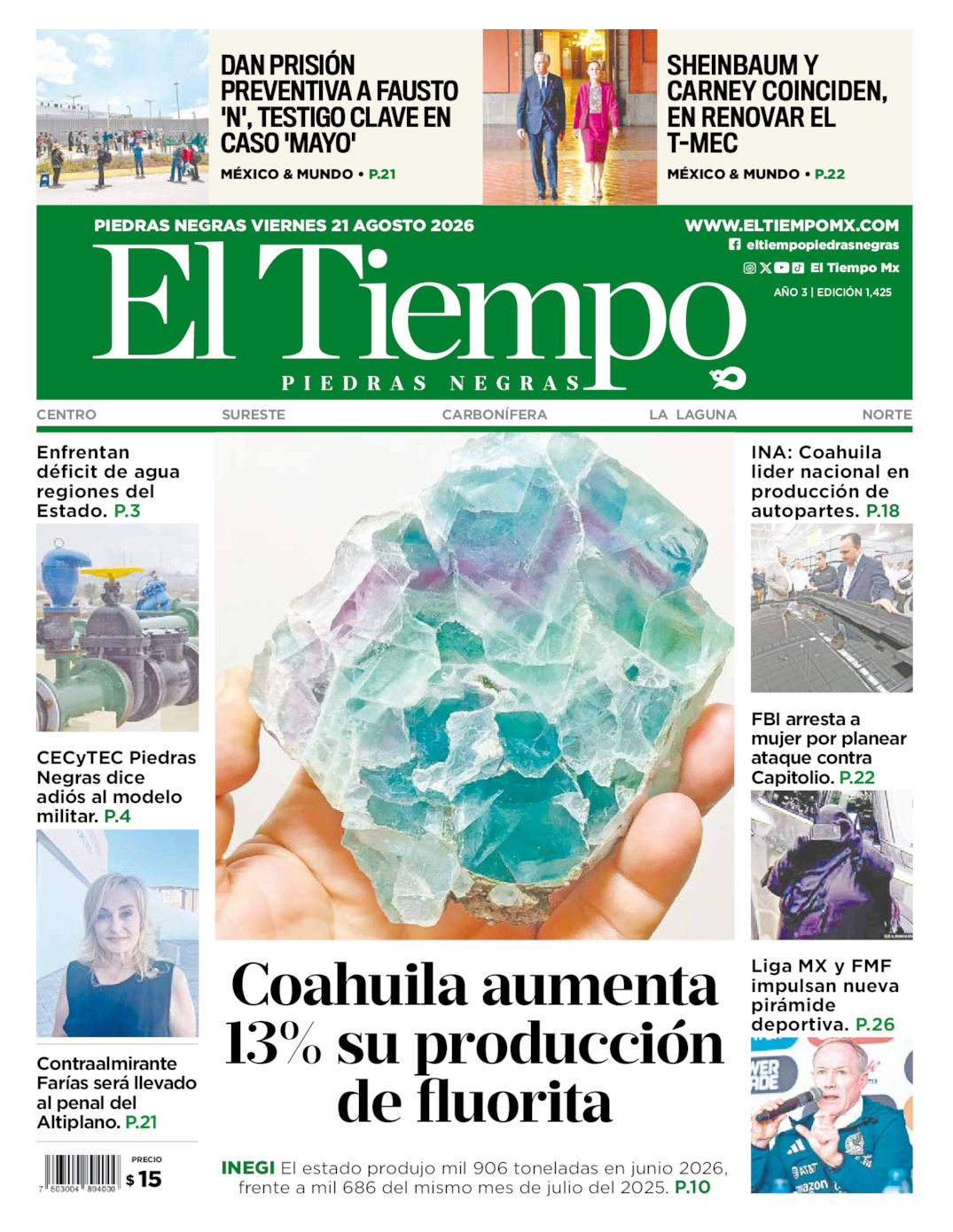 Edición impresa: Portada del viernes 21 de agosto de 2026, El Tiempo de <strong>Piedras Negras</strong>