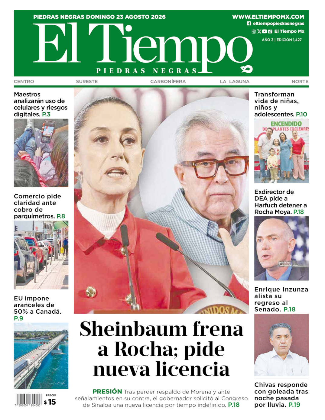 Edición impresa: Portada del domingo 23 de agosto de 2026, El Tiempo de <strong>Piedras Negras</strong>