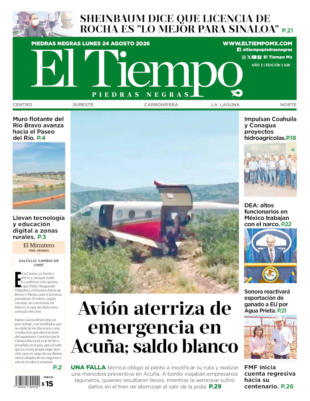 Edición impresa: Portada del lunes 24 de agosto de 2026, El Tiempo de <strong>Piedras Negras</strong>