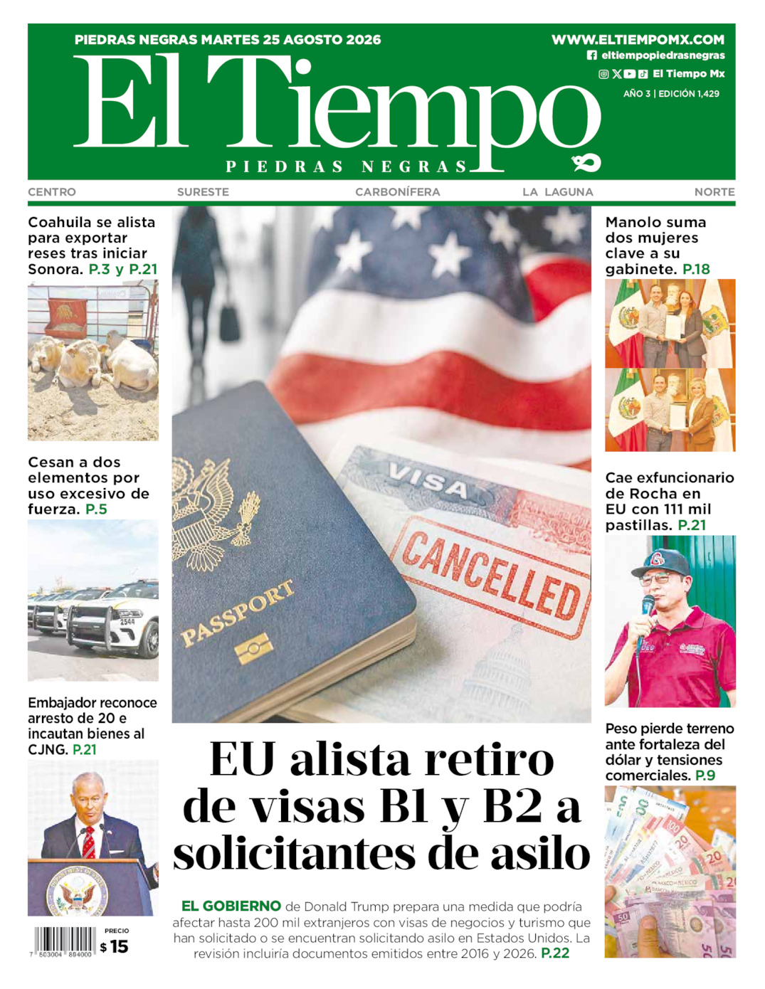 Edición impresa: Portada del martes 25 de agosto de 2026, El Tiempo de <strong>Piedras Negras</strong>