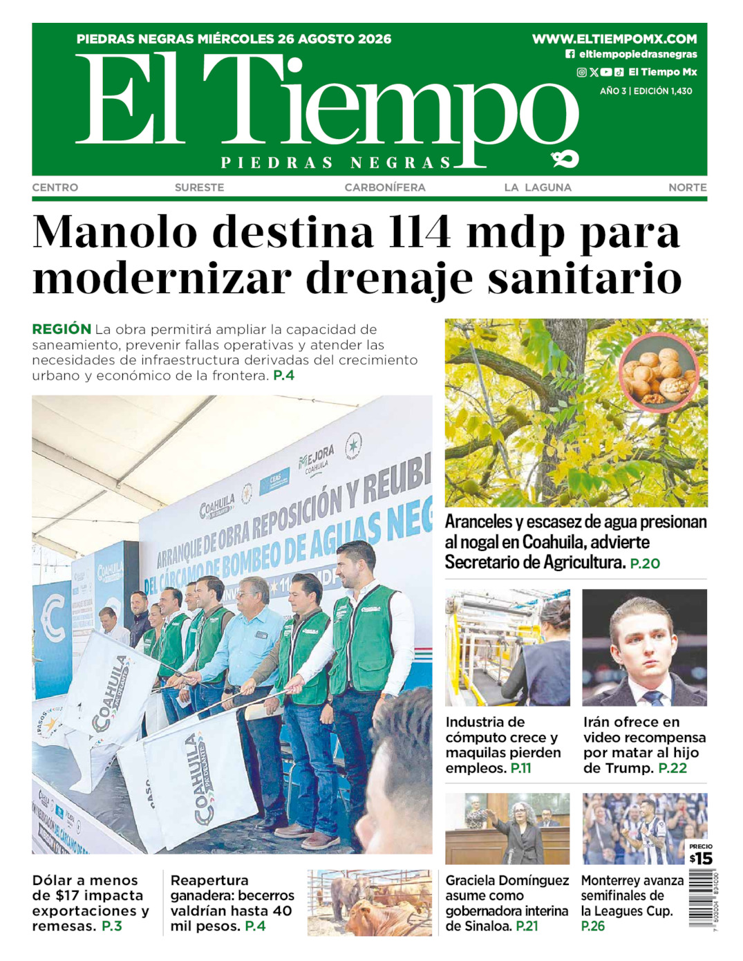 Edición impresa: Portada del miércoles 26 de agosto de 2026, El Tiempo de <strong>Piedras Negras</strong>